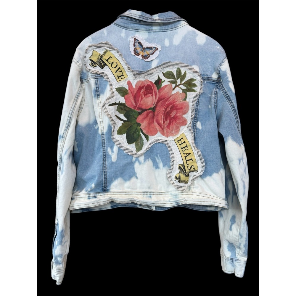 Upcycled Cropped Denim Jacket Roses Love Heals Patch Folk Art Boho XXL